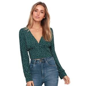 Lulus Love Always Forest Green Polka Dot Long Sleeve Crop Top Womens Size Small